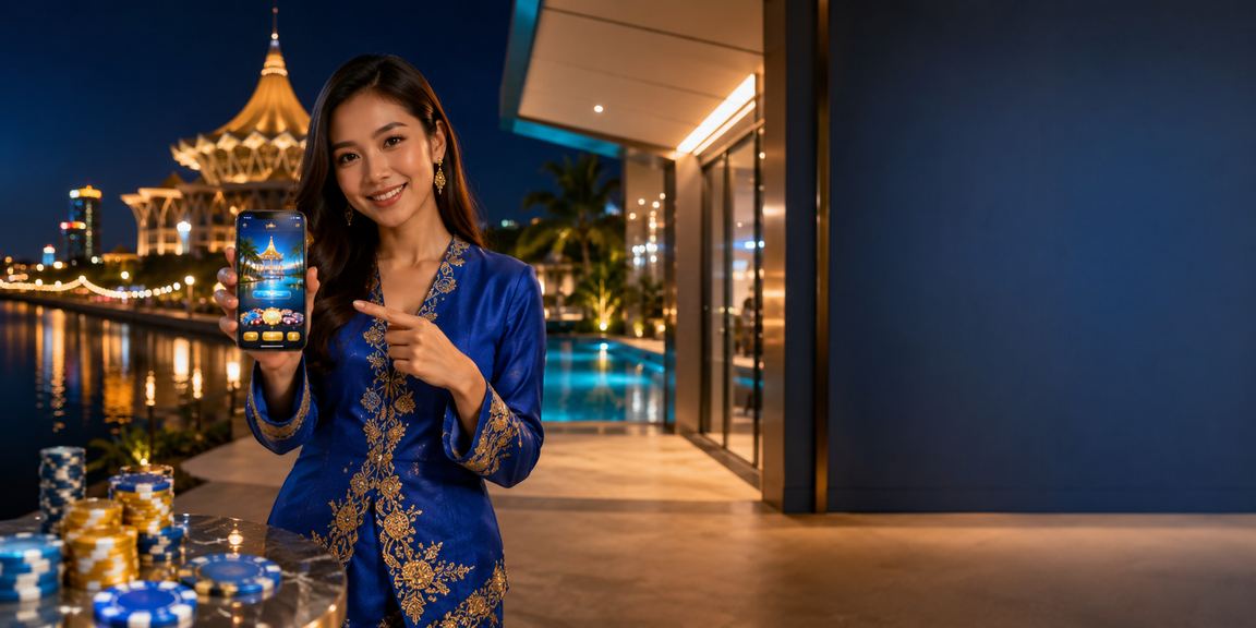 Pemain wanita berbaju kurung menggunakan aplikasi pertaruhan dalam talian di Kuching